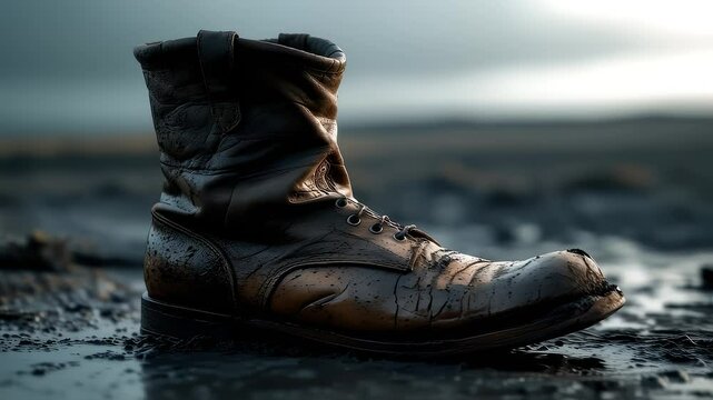 Mud-caked boot on rough ground