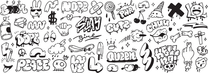 Cool Urban Street Doodle Art, Graffiti Style Cartoon Elements, Fun Hand Drawn Illustration Set, Youth Expression Vector Pack