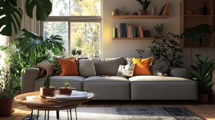 Elegant living room decor featuring cozy gray couch and lovely greenery