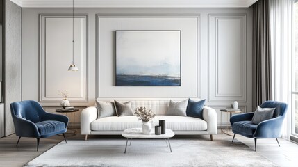 Elegant living room with Scandinavian sofa and velvet armchair in white, grey, and blue palette.