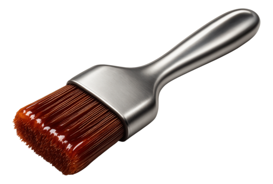 Silver metal basting brush with glossy brown sauce on bristles.
