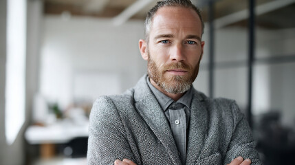Fototapeta premium Confident Business Professional in Stylish Gray Suit Posing in Modern Office Space