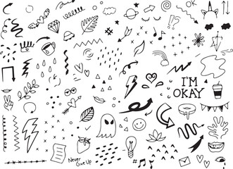  Funny Ghost and Halloween Cartoon Doodles, Spooky Elements Sketch Set, Hand Drawn Halloween Icons, Black and White Scary Illustration