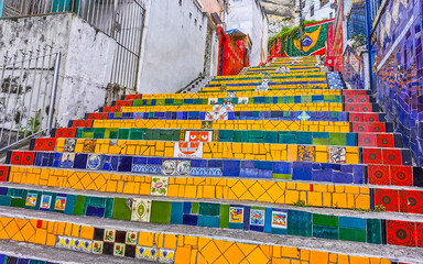 Escadaria Selaron red famous stairs staircase Rio de Janeiro Brazil.