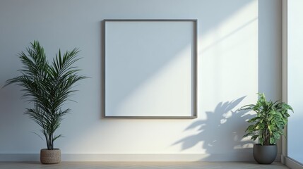 Empty square picture frame displayed on a wall for interior design template.
