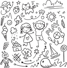  Girl with Toys and Play Items Doodle, Kids Activity Cartoon Sketch, Hand Drawn Children Fun Elements, Black and White Line Set, 