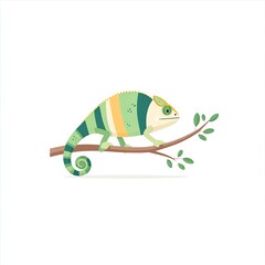 Vibrant Chameleon Perched on a Branch, showcasing its striking colors and unique pattern against a clean white background.
