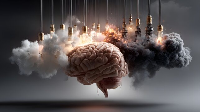 A surreal depiction of the human brain surrounded by an explosive cloud of smoke and light symbolizing the incredible power creativity and dynamism of the mind