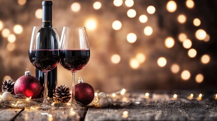 Festive lights backdrop for holiday wine and gift.