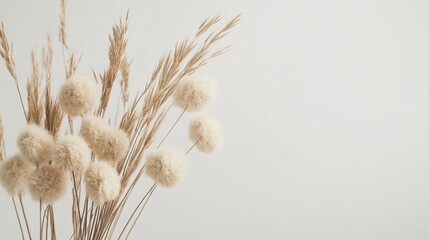 Fluffy tan pom pom plants bouquet on white backdrop: Simple holiday floral arrangement with rabbit tales grass.