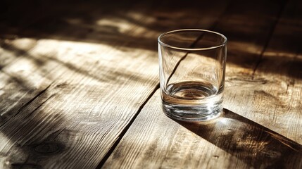 Obraz premium Glass at the wooden table edge: Artistic risk concept image with space for text.