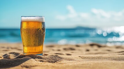 Glass of beer on beach sand.