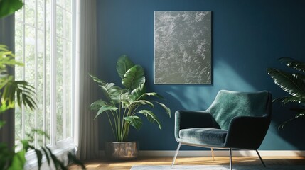 Green chair against blue wall in living room with silver artwork and plants