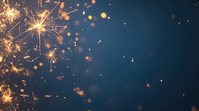 Golden firework sparklers on dark blue night sky background with space for text