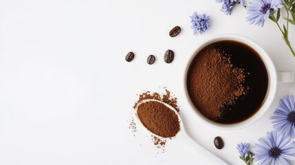 Fototapeta premium Ground chicory root in spoon with chicory drink and coffee in cup on white background. Herbal beverage and coffee alternative. Space for text.