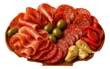 A wooden platter with sliced prosciutto, salami, green olives, roasted red peppers, and marinated artichokes.