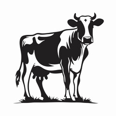 Fototapeta premium Illustration of a black and white dairy cow standing in grass on a white background vector image created with generated ai