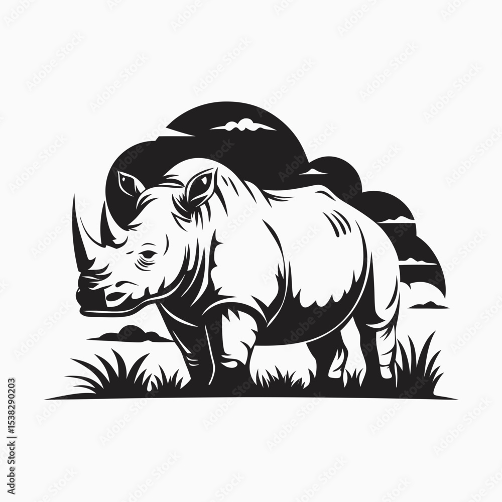 Poster a monochrome illustration of a rhinoceros standing in grass with a cloudy background design element 