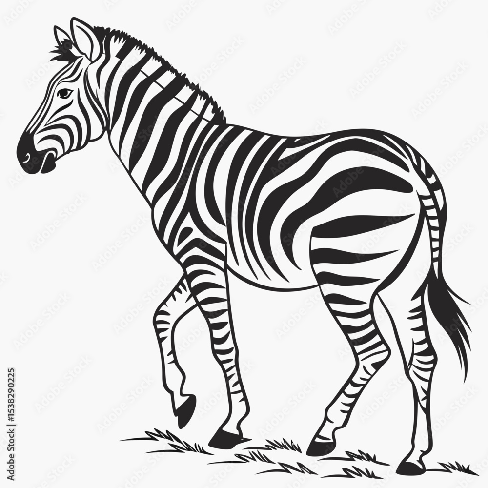 Poster illustration of a zebra in black and white with stripes walking on grass in a vector format created 