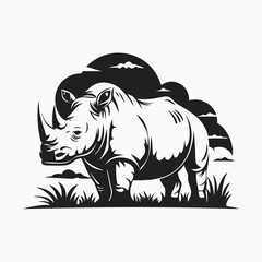 Fototapeta premium A monochrome illustration of a rhinoceros standing in grass with a cloudy background design element created with generated ai
