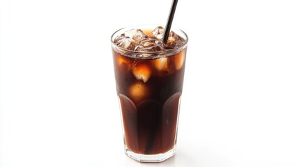 Ice coffee in glass with straw on white background.