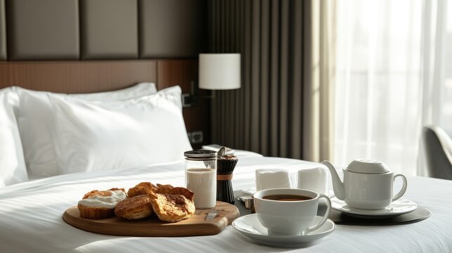 Hotel room service with breakfast, coffee, and pastries in bed