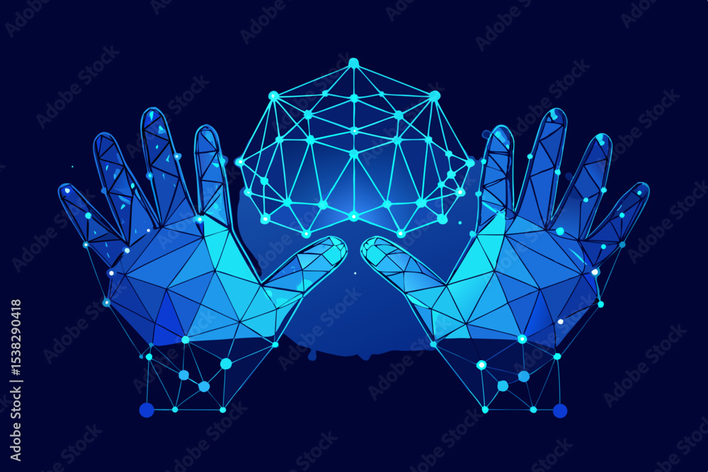 Aufkleber abstract hands holding a digital network connection with low poly design