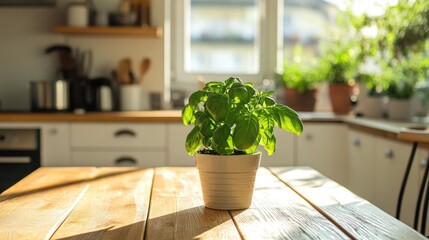 Kitchen table with basil plant