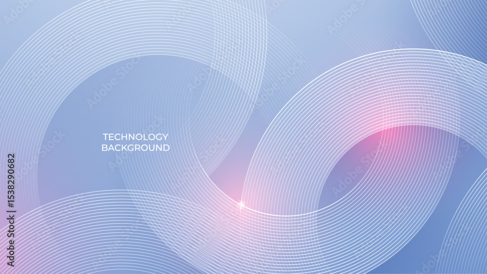 Aufkleber Abstract Thin Line Concentric Circles with Pink Sun Bokeh Glare Effect. Abstract Digital Technology Modern Background. White Circle Design Elements on Light Soft Blue Cover. Vector Illustration.