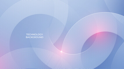 Abstract Thin Line Concentric Circles with Pink Sun Bokeh Glare Effect. Abstract Digital Technology Modern Background. White Circle Design Elements on Light Soft Blue Cover. Vector Illustration.