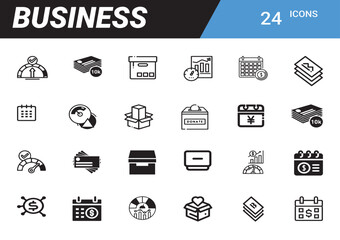 Business Icon Set: A comprehensive collection of meticulously crafted, singular icons representing key facets of business, streamlined for user-friendly interface.