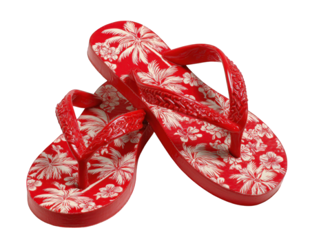 Red flip flop sandal with white tropical floral pattern, casual summer footwear for beach or pool, isolated on transparency background, cheerful and vibrant style