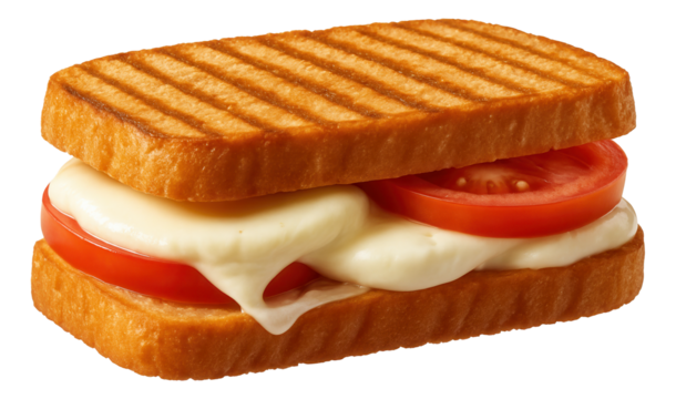 Grilled cheese sandwich with melted cheese and sliced tomato between two toasted bread slices.