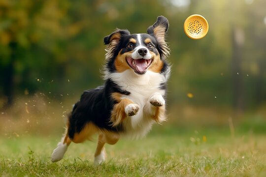 Exciting dog fetching action in nature outdoor playtime vibrant green environment joyful canine adventure