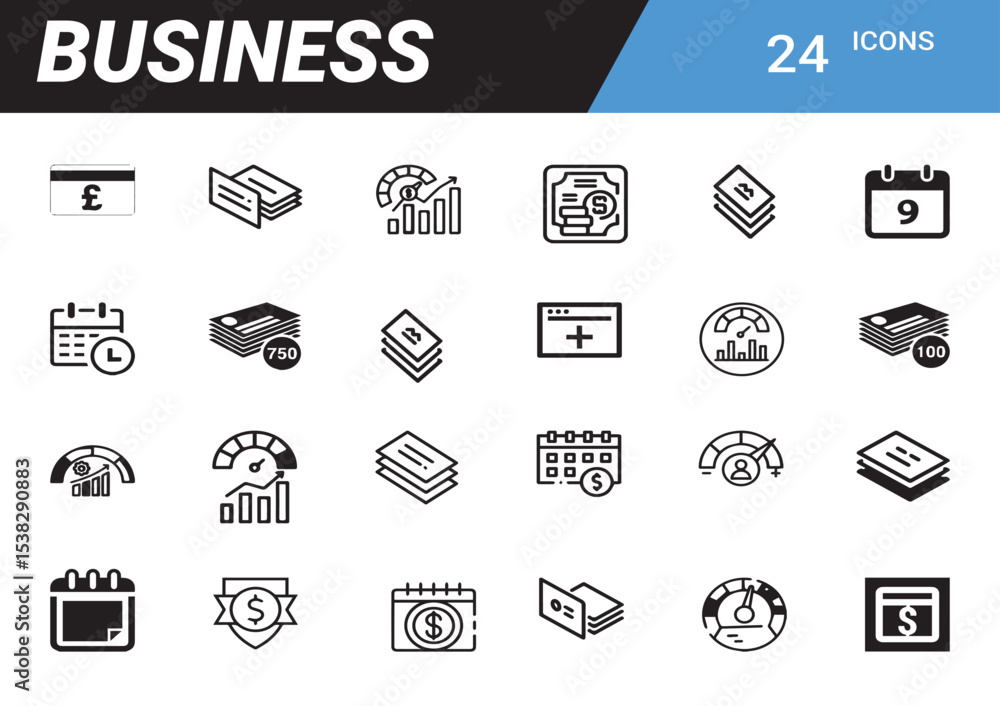 Poster business icon array: an organized array of 24 business icons in a clear, concise display of essentia
