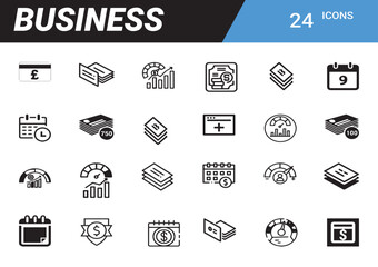 Business Icon Array: An organized array of 24 business icons in a clear, concise display of essential concepts and elements. Perfect for illustrating business-related themes, processes, and ideas.