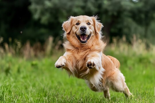 Playful golden retriever dog jumping in sunny green park animal photography outdoor action shot