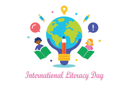 Globe Made of Books – International Literacy Day Vector Art with Diverse Kids & Lightbulb - Powered by Adobe