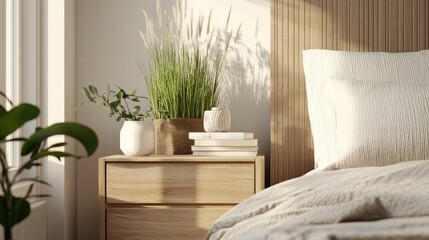 Mockup on wooden bedside table with grass, coffee, pillows in Scandinavian bedroom.
