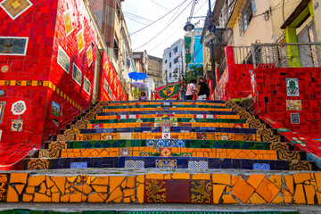 Escadaria Selaron red famous stairs staircase Rio de Janeiro Brazil.