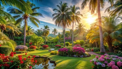 Fototapeta premium A tranquil oasis awaits in a serene and lush tropical garden filled with vibrant flowers and towering palm trees under soft warm sunlight