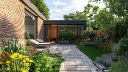 Obraz premium Modern garden extension with brick wall