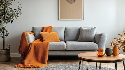 Modern apartment interior with grey sofa, orange blanket, wooden table, and poster.