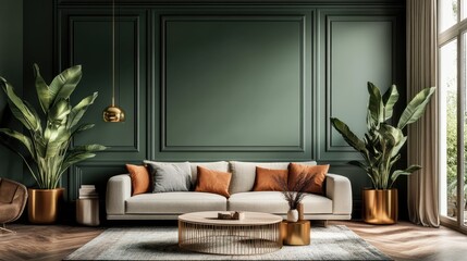 Modern Living Room Design with Green Wall Paneling, Gold Potted Plants, and Elegant Decor