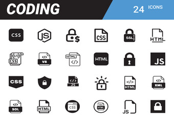 Coding Icons Set: A modern, well-designed collection of 24 unique coding-related icons perfect for software development, web design, and tech-related projects.