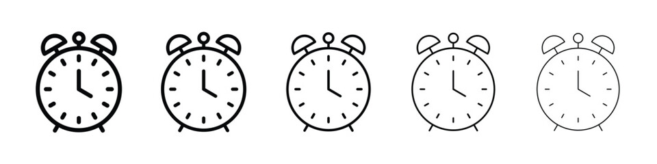 Alarm clock icons in black stroke designs on white background