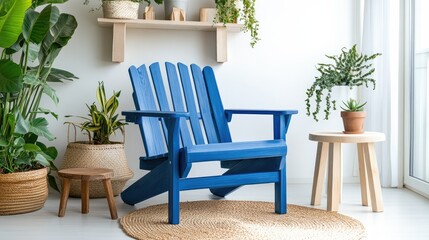 Nautical blue wooden armchair in a bright living space with a stool and plants on shelves. Authentic image