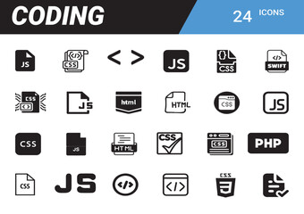 Coding Icons: Set of 24 diverse coding icons, offering a clean, bold look, representing different coding files and languages. Highlighting modern web development. 