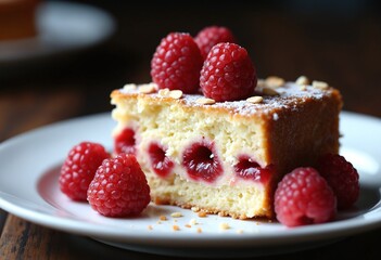 Close-Up of Almond Raspberry Cake Slice with Fresh Raspberries, Elegant Dessert on White Plate