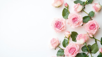 Fototapeta premium Pink roses on white background. Holiday card for special occasions. Wedding invite with text space. Top-down view.